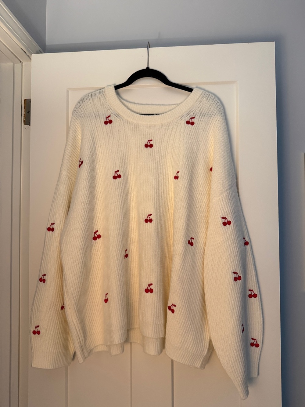 A New Day White Sweater with Red Cherry Embroidery Dots Coquette Plus